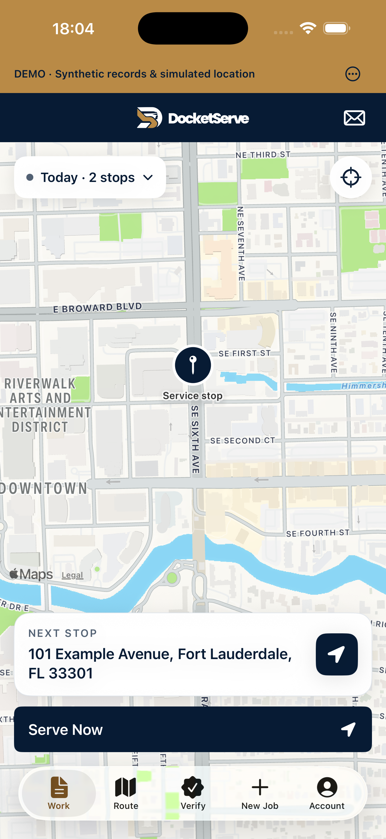 Actual DocketServe iPhone app showing the Work map, two demo stops and the next-stop card. Synthetic demonstration data.